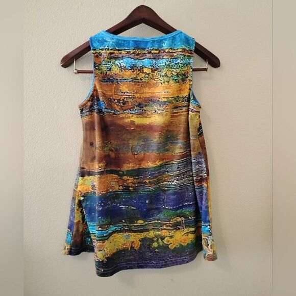 Women's Blue Yellow Purple Stripes Pattern Sleeveless V Neck Zip Up Top Large - Picture 2 of 5